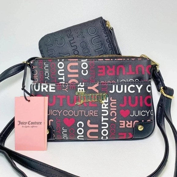 Juicy Couture Black Pink Crossbody Bag & Pullout Pouch Set NWT - Picture 5 of 15